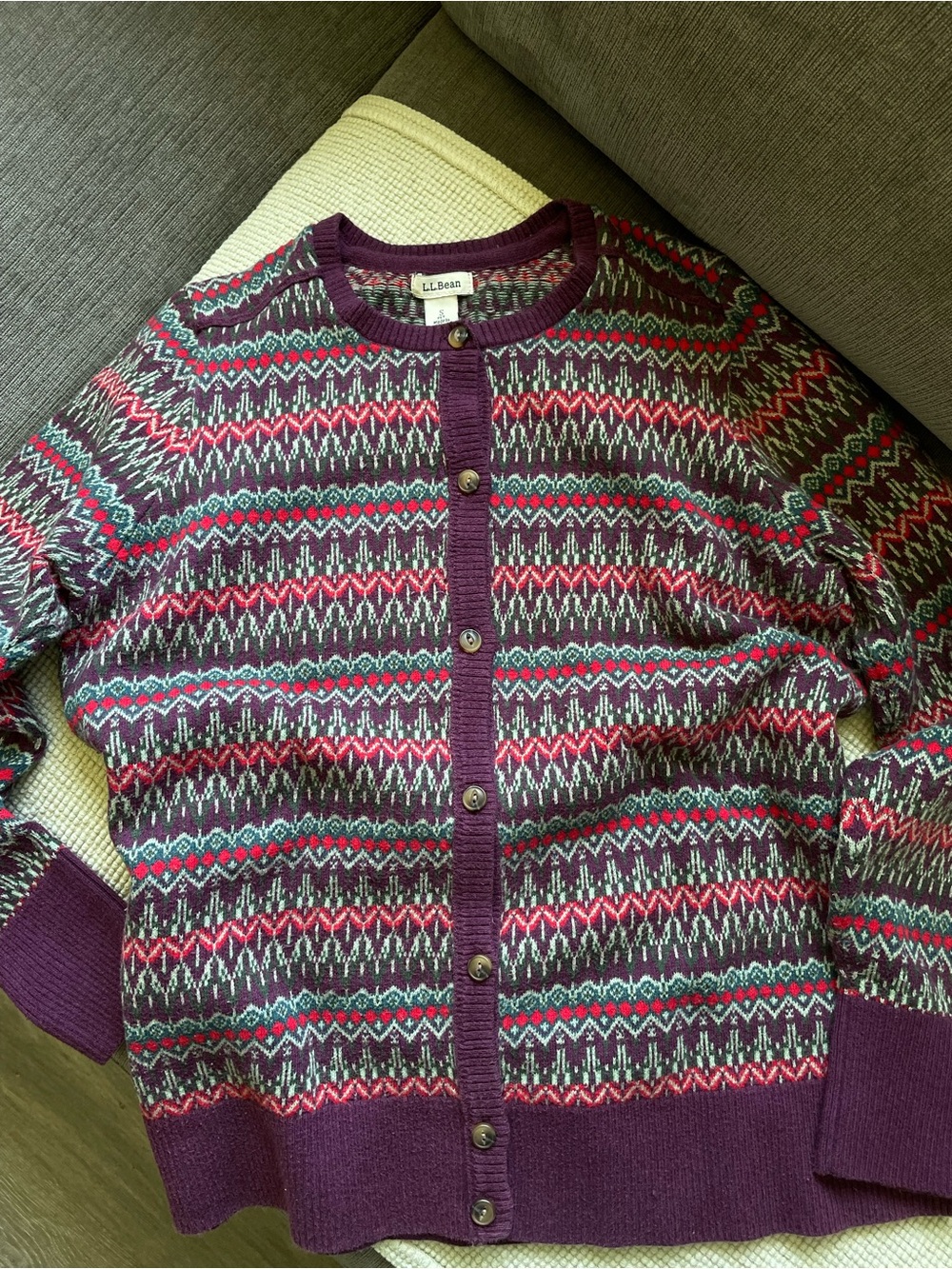 L.L. Bean Plum Fair Isle Button-Front Cardigan
